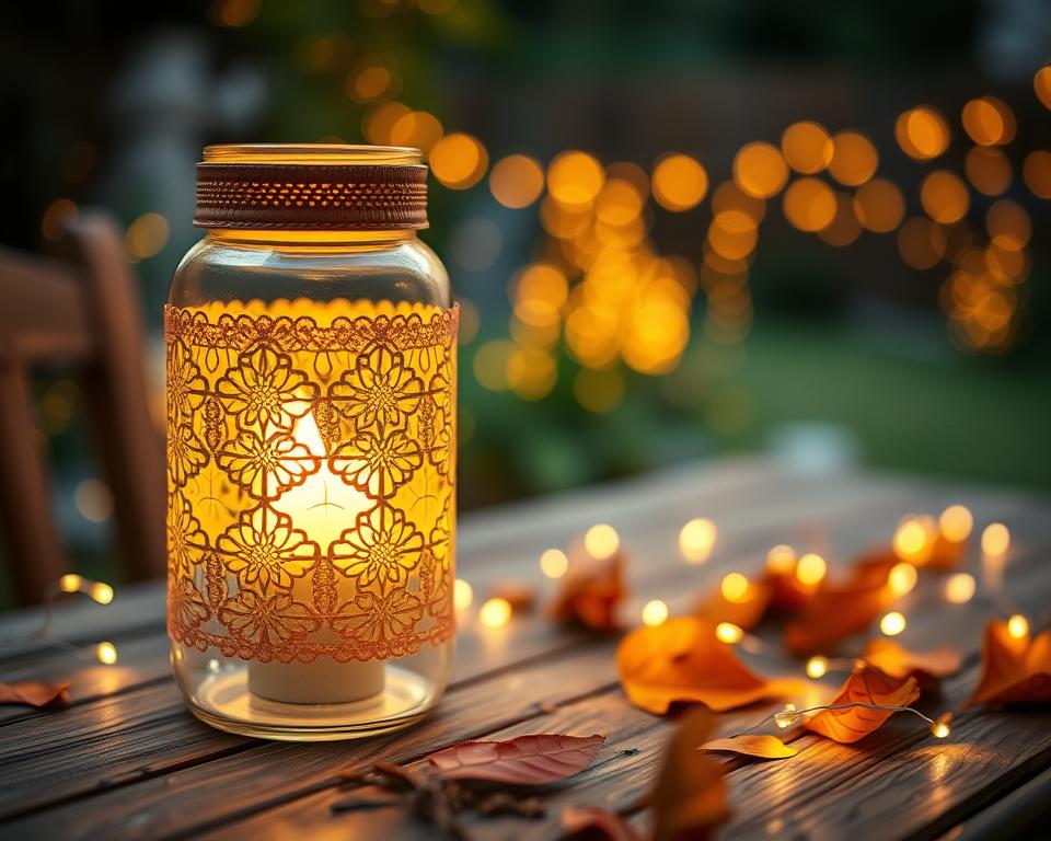A beautifully crafted decorative jar lantern, glowing softly with a flickering candle inside. The foreground features the jar with intricate lace patterns elegantly wrapped around it, illuminated by the warm light. The middle ground includes a rustic wooden table strewn with autumn leaves and small twinkling fairy lights, enhancing the cozy ambiance. In the background, out of focus, hints of a softly lit garden create a serene outdoor atmosphere. The scene captures a slightly blurred bokeh effect to add depth, emphasizing the warm golden hues and creating an inviting, tranquil mood. Ideal for inspiration on decorative jar candle holders, the image embodies creativity and warmth, with a focus on DIY aesthetics.