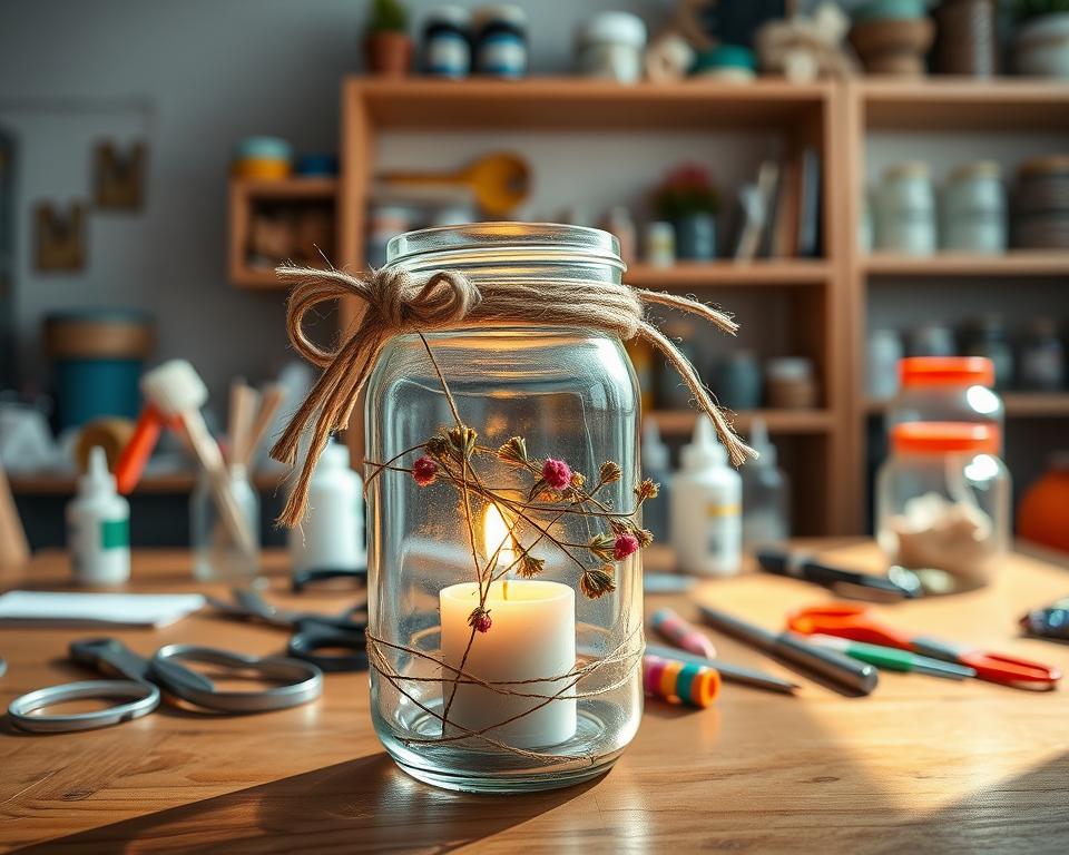 A beautifully crafted jar candle holder in a cozy, well-lit workspace. In the foreground, a clear glass jar sits atop a wooden table, adorned with intricate decorations like twine, dried flowers, and colorful beads, each meticulously arranged. The middle ground features various crafting tools, including scissors, glue, and a flickering candle inside the jar, casting a warm, soft glow. In the background, shelves filled with art supplies and additional jars create an inviting and creative atmosphere. The lighting is warm and natural, suggesting a sunny afternoon, while a soft focus lens effect emphasizes the details of the jar and its decorations, evoking a sense of tranquility and inspiration.
