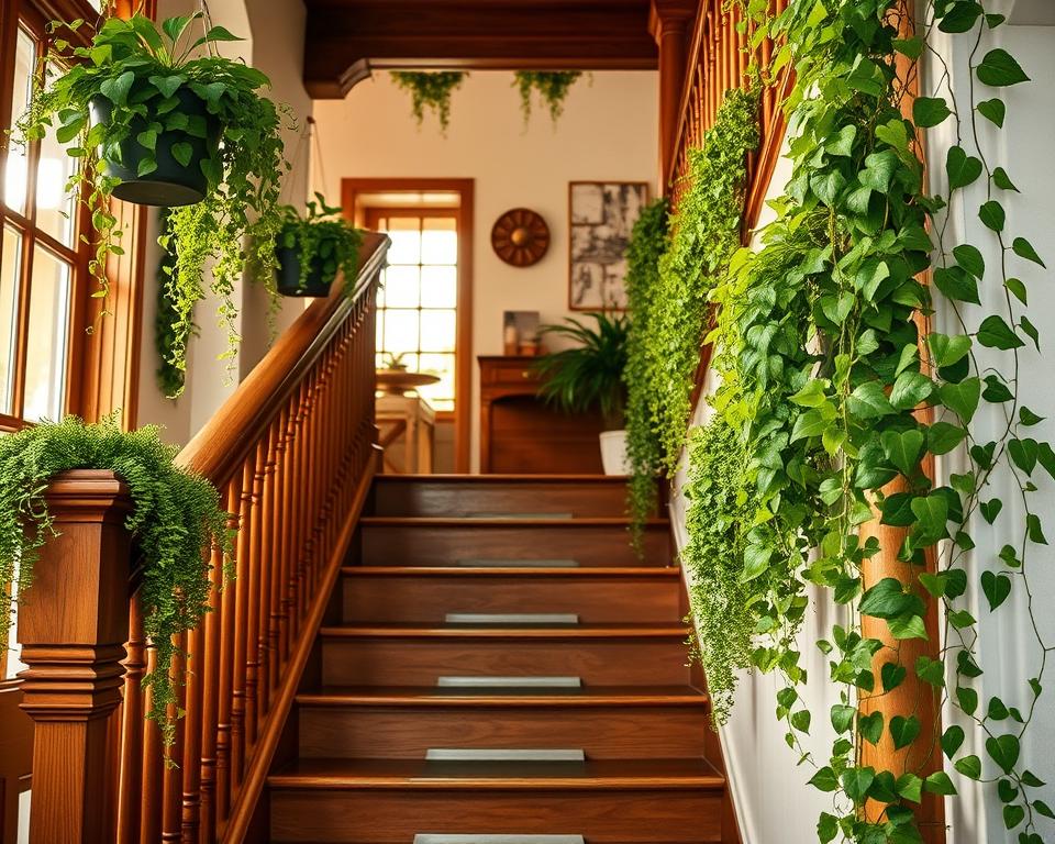 A beautifully designed staircase adorned with lush green plants and warm wooden accents. In the foreground, potted ferns and hanging ivy elegantly cascade down the sides of the stairs, their vibrant leaves contrasting against the rich, natural wood banister. The middle of the scene features a smooth wooden staircase, softly illuminated by warm, natural light streaming through a nearby window, creating a cozy atmosphere. In the background, a subtle glimpse of a well-decorated entryway can be seen, enhancing the inviting feel of the space. The overall mood is serene and earthy, celebrating the balance between nature and home design, making the staircase a focal point of natural beauty.