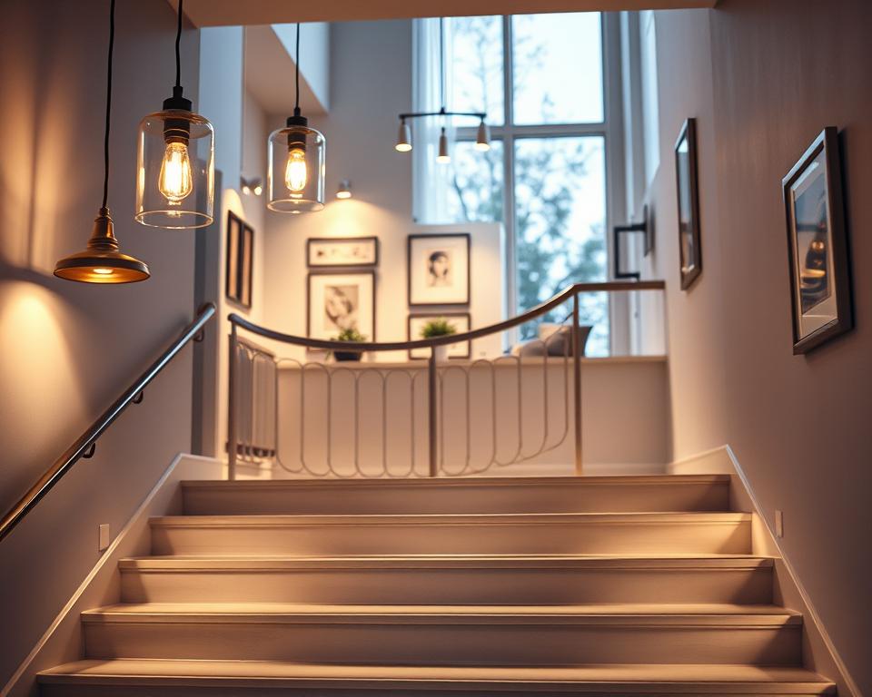 A beautifully illuminated stairwell showcasing a modern design. In the foreground, elegant pendant lights cast a warm glow, emphasizing the smooth, polished steps that lead upward. The middle of the image features an intricate railing with soft shadows playing across its curves. In the background, faintly illuminated walls adorned with tasteful art pieces create depth and visual interest. A large window allows natural light to filter in, enhancing the atmosphere with a soft, inviting ambiance. The color palette consists of warm whites and soft greys, creating a serene, contemporary feel. The overall mood is cozy yet sophisticated, highlighting the importance of lighting in transforming a stairwell into a stunning decorative feature.