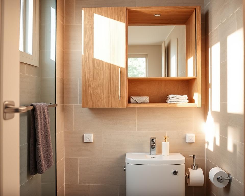 A beautifully organized bathroom space featuring a stylish cabinet positioned above a toilet. In the foreground, the sleek cabinet is made of light oak with clean lines and elegant hardware, showcasing its ample storage options. The middle of the image captures the bathroom’s tiles in a soft beige hue, complementing the cabinet. In the background, a well-lit mirror reflects warm lighting, enhancing the inviting atmosphere. Natural light streams in from a nearby window, casting gentle shadows. The overall mood is serene and functional, emphasizing practicality in design. The angle is slightly elevated, allowing for a clear view of how the cabinet harmonizes with the bathroom's dimensions and decor.