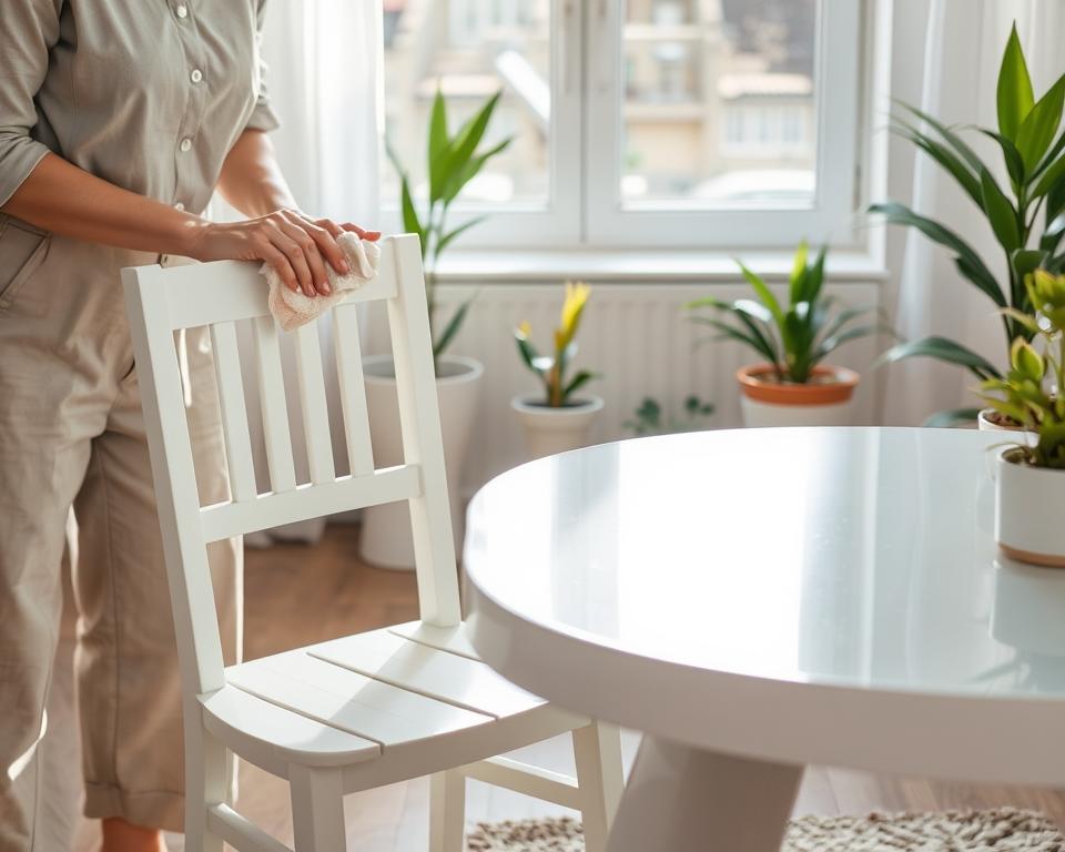 A beautifully organized scene featuring both wooden and plastic furniture being cleaned. In the foreground, a person wearing a modest, professional outfit is gently polishing a white wooden chair with a soft cloth, showcasing the process of restoring its shine. A bucket of cleaning supplies is nearby. In the middle ground, a stylish plastic table gleams in natural light, emphasizing its cleanliness. Bright sunlight filters through a window in the background, casting soft shadows and creating a warm atmosphere. A few potted plants frame the scene, adding a touch of greenery and freshness to the cleaning environment. The focus is on the careful techniques for maintaining these surfaces, conveying a sense of tranquility and satisfaction in home care.