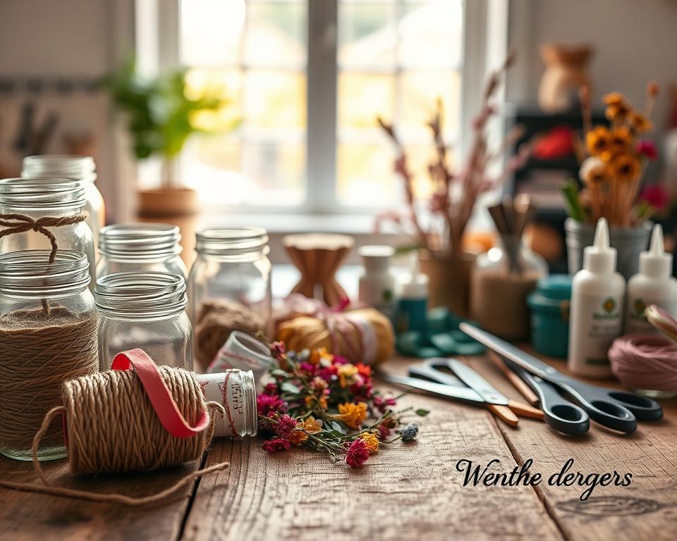 A beautifully organized workspace for candle holder decoration materials, prominently featuring a variety of decorative items. In the foreground, a rustic wooden table displays glass jars, twine, colorful ribbons, and dried flowers. The middle of the image reveals a collection of crafting tools, such as scissors, glue, and paintbrushes, arranged neatly beside the materials. Soft, warm lighting casts a cozy glow across the scene, enhancing the texture of the wood and the vibrancy of the colors. In the background, a blurred view of a window allows natural light to filter through, creating an inviting atmosphere conducive to crafting. The composition evokes a sense of creativity and anticipation, perfect for inspiring a DIY project.