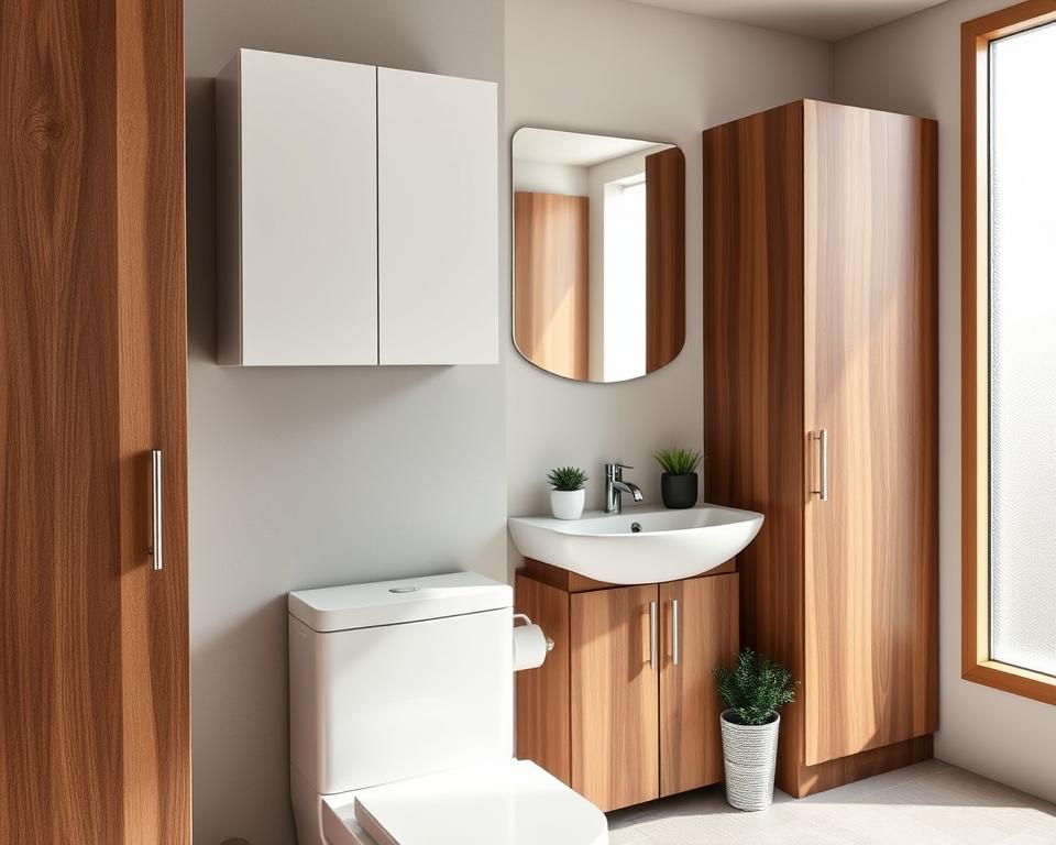 A beautifully styled modern bathroom showcasing various cabinet materials and colors, focusing on a practical cabinet above a toilet. In the foreground, display a sleek, white cabinet with minimalistic hardware, featuring a glossy finish. To the side, include wooden cabinets with rich walnut and light oak tones, emphasizing a blend of classic and contemporary styles. The middle ground includes a wash basin with elegant fixtures, surrounded by decorative plants for a fresh touch. The background highlights soft, natural light filtering through a frosted window, enhancing the warm colors of the wood and the clean, modern aesthetics of the space. Capture the atmosphere as serene and organized, inviting a sense of calmness and practicality.