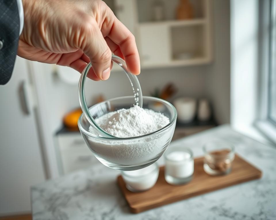 A close-up image depicting the preparation of borax for ant control. In the foreground, a hand in a professional business attire carefully measures out a bright white powder (borax) into a transparent glass bowl, showcasing the texture and fine granules. The middle ground features a small kitchen counter with other ingredients like sugar and water in simple glass containers, arranged neatly. In the background, a well-lit kitchen with soft, natural lighting creates an inviting and clean atmosphere, emphasizing safety and cleanliness. The angle is slightly overhead to capture the entire scene, focusing on the careful preparation process with a calm and methodical mood, ensuring a sense of professionalism and clarity.