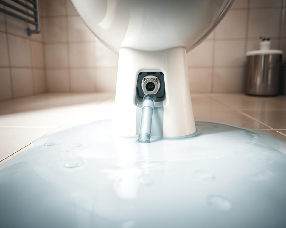 A close-up view of a bathroom floor where a toilet is leaking. The foreground shows clear signs of water pooling under the toilet, with visible droplets reflecting light. In the middle, focus on the base of the toilet, showing intricate details of the piping and connection points where the leak originates. The background features subtle hints of bathroom decor like tiles and a small towel rack, with soft, natural lighting illuminating the scene, emphasizing the water's shine and creating a sense of urgency. The atmosphere is professional and informative, designed to convey the seriousness of identifying leak sources in a domestic setting.