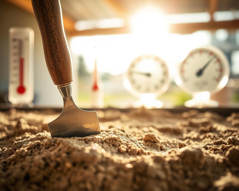 A close-up view of a drying refractory mortar mixture, showcasing its texture and consistency. In the foreground, include a trowel embedded in the mortar, reflecting the artisan's touch. The middle ground features various environmental factors influencing drying: a thermometer indicating temperature, a hygrometer displaying humidity levels, and sunlight casting natural light, highlighting moisture evaporation. The background softly fades into an outdoor setting, suggesting a warm, sunny day. Use soft, diffused lighting to create a calm and inviting atmosphere, emphasizing the importance of temperature and humidity in the drying process. Aim for an overall serene and informative mood, perfect for educational purposes, with no distractions or text elements in the image.
