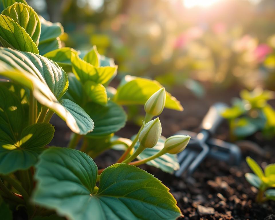 A close-up view of a healthy, vibrant kielichowiec wonny (Fragrant calycanthus) plant showcasing its lush green leaves and budding blossoms in various stages of bloom. In the foreground, focus on the intricate details of the leaves, glistening in dappled sunlight. The middle ground features the delicate, fragrant flowers emerging, ready to burst into bloom, surrounded by rich soil and small gardening tools symbolizing care and attention. The background is softly blurred, depicting a sunny garden setting with blurred hints of other plants to create depth. The atmosphere is warm and serene, capturing the essence of nurturing growth with natural lighting during golden hour, enhancing the colors and textures. Ensure the composition is balanced, evoking a sense of calm and connection with nature.