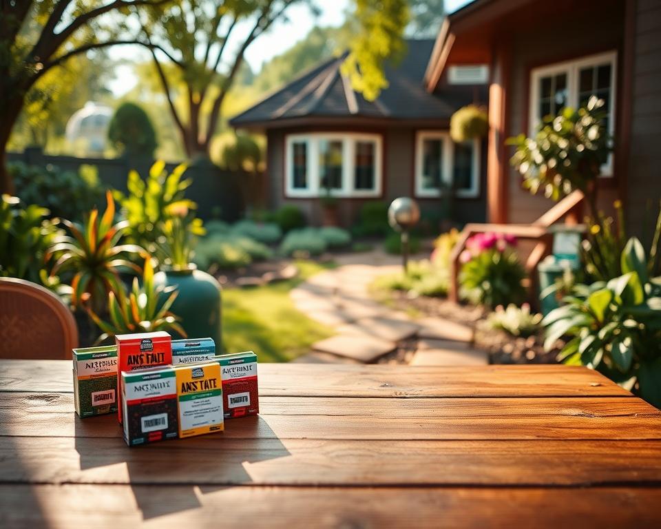 A close-up view of a home and garden setting, with a focus on various stations where ant baits are artfully arranged. In the foreground, a wooden table displays an assortment of colorful and natural bait containers, labeled clearly yet attractively. The middle ground shows a lush garden with an array of plants, where small bait stations are strategically placed along the path, blending harmoniously with the environment. The background features a cozy, well-maintained house with light filtering through the trees, casting dappled shadows. The scene is illuminated by warm, natural light, creating a calm and inviting atmosphere. The image captures a sense of care and attention to detail in pest control methods, emphasizing an eco-friendly approach.