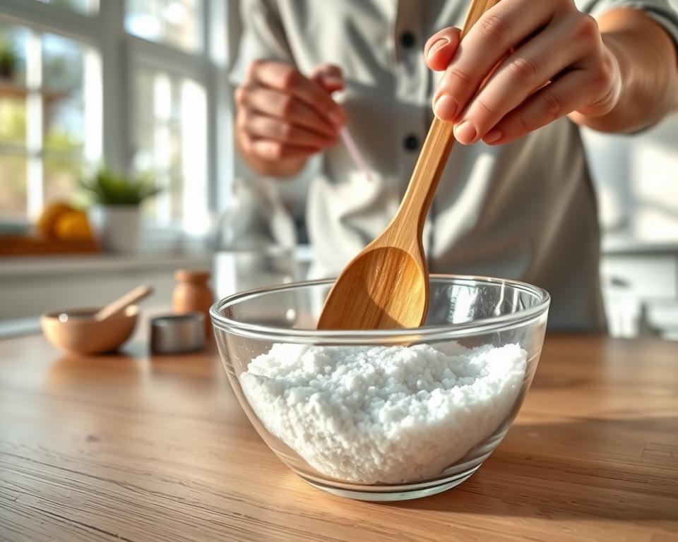 A close-up view of a skilled amateur preparing an effective borax bait for ants. In the foreground, a small glass bowl filled with granular borax is being mixed with sugar, creating a blend of white and transparent crystals. The person, dressed in casual yet modest clothing, is using a wooden spoon to stir the mixture, with their hands and the spoon in clear focus. In the middle ground, various ingredients like water and a small measuring cup can be seen, enhancing the preparation process. The background features a bright, well-lit kitchen setting with natural sunlight filtering in through a window, casting gentle shadows. The overall atmosphere is calm and focused, highlighting the importance of DIY pest control methods.