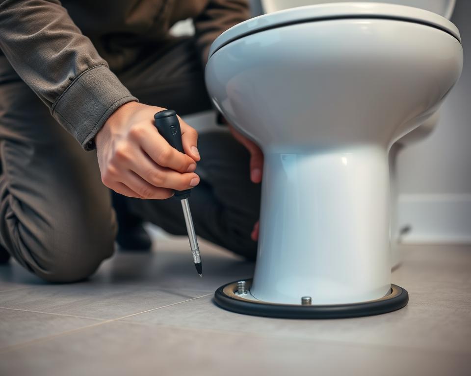 A close-up view of a skilled technician in modest casual clothing, kneeling in front of a toilet while tightening the screws that secure it to the floor. The foreground features the technician's hands gripping a screwdriver, with a clear view of the screws and mounting hardware. The middle ground shows the toilet bowl, highlighting its base where the screws are located, along with a freshly replaced rubber seal next to it. The background includes subtle details of a well-lit bathroom, with soft, diffused lighting illuminating the scene. The overall atmosphere is focused and professional, conveying a sense of diligence and attention to detail while performing plumbing repairs.
