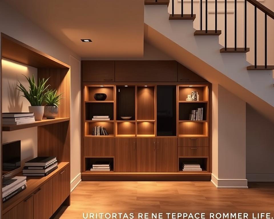 A cozy and stylish under-stair storage solution, showcasing a modern, elegant cabinet designed to optimize the space beneath a staircase. The foreground features sleek wooden shelves with decorative items, like potted plants and books, elegantly arranged. In the middle, the well-crafted cabinetry reveals neatly organized compartments with subtle lighting illuminating the intricate details, casting gentle shadows. The background shows a softly lit stairway with a minimalist railing, enhancing the ambiance. The setting is warm and inviting, creating a sense of practicality blended with refined elegance. The overall mood is serene and orderly, emphasizing the smart use of typically wasted space in a home.
