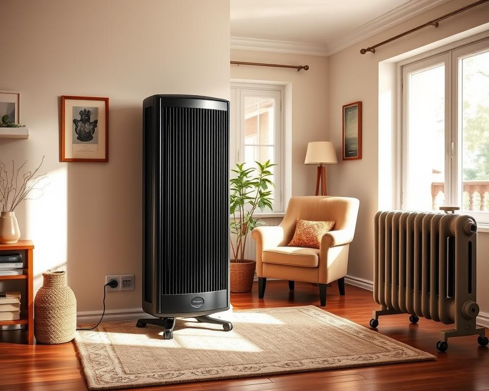 A cozy interior of a well-decorated living room showcasing two types of electric heaters side by side: a sleek, modern convection heater and a traditional oil-filled radiator. The convection heater is sleek and wall-mounted, showcasing its elegant design, while the oil heater is freestanding with a vintage touch. Soft natural light streams in through a nearby window, casting gentle shadows. The room features warm wooden floors, a plush rug, and tasteful decor, creating a welcoming atmosphere. In the background, a plant adds a splash of greenery, and a comfortable armchair invites relaxation. The angle captures both heaters in focus, highlighting their distinct appearances and practical designs, creating a serene and informative mood. A cozy interior of a well-decorated living room showcasing two types of electric heaters side by side: a sleek, modern convection heater and a traditional oil-filled radiator. The convection heater is sleek and wall-mounted, showcasing its elegant design, while the oil heater is freestanding with a vintage touch. Soft natural light streams in through a nearby window, casting gentle shadows. The room features warm wooden floors, a plush rug, and tasteful decor, creating a welcoming atmosphere. In the background, a plant adds a splash of greenery, and a comfortable armchair invites relaxation. The angle captures both heaters in focus, highlighting their distinct appearances and practical designs, creating a serene and informative mood.