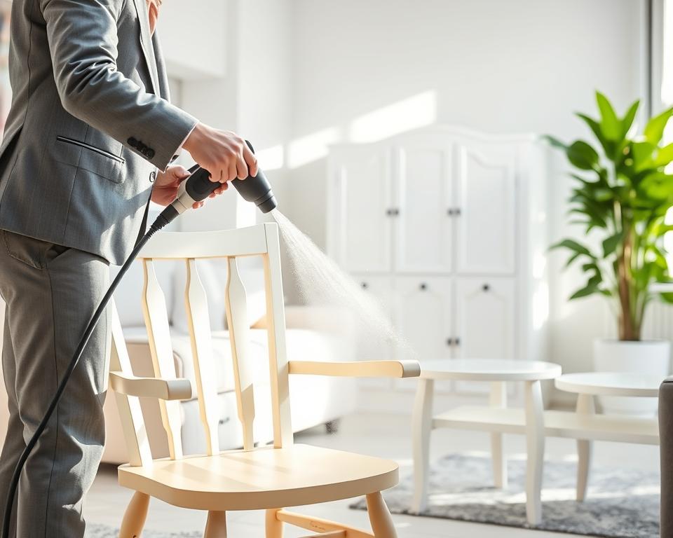 A cozy, well-lit interior showcasing a modern white living room. In the foreground, a person in professional business attire is using a steam cleaning device on a yellowed white wooden chair, emphasizing the technique of steam cleaning furniture. The steam is visible, creating a soft halo effect around the chair, with droplets sparkling in the light. In the middle ground, there are beautiful white furniture pieces, like side tables and a cabinet, shining bright under natural sunlight pouring in through a nearby window. The background features a green potted plant, adding a fresh contrast to the white furniture. The overall mood is clean, bright, and refreshing, evoking a sense of rejuvenation and care for home decor.