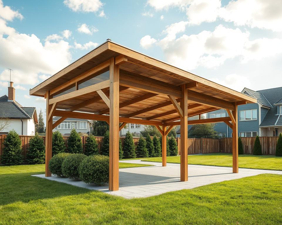 A detailed architectural illustration of a 50m2 shelter representing building regulations. In the foreground, display a well-designed outdoor shelter made of wood and transparent panels, showcasing its structural elements such as supports and roofing. In the middle ground, include a grassy area with neatly trimmed bushes and a pathway indicating a functional space. In the background, depict a serene residential setting with a clear blue sky and gentle sunlight filtering through scattered clouds, creating a warm and inviting atmosphere. Capture the image from a slightly elevated angle as if viewed from an adjacent property. The mood should convey professionalism and clarity, emphasizing the importance of compliance with building laws. No people should be included in the scene.