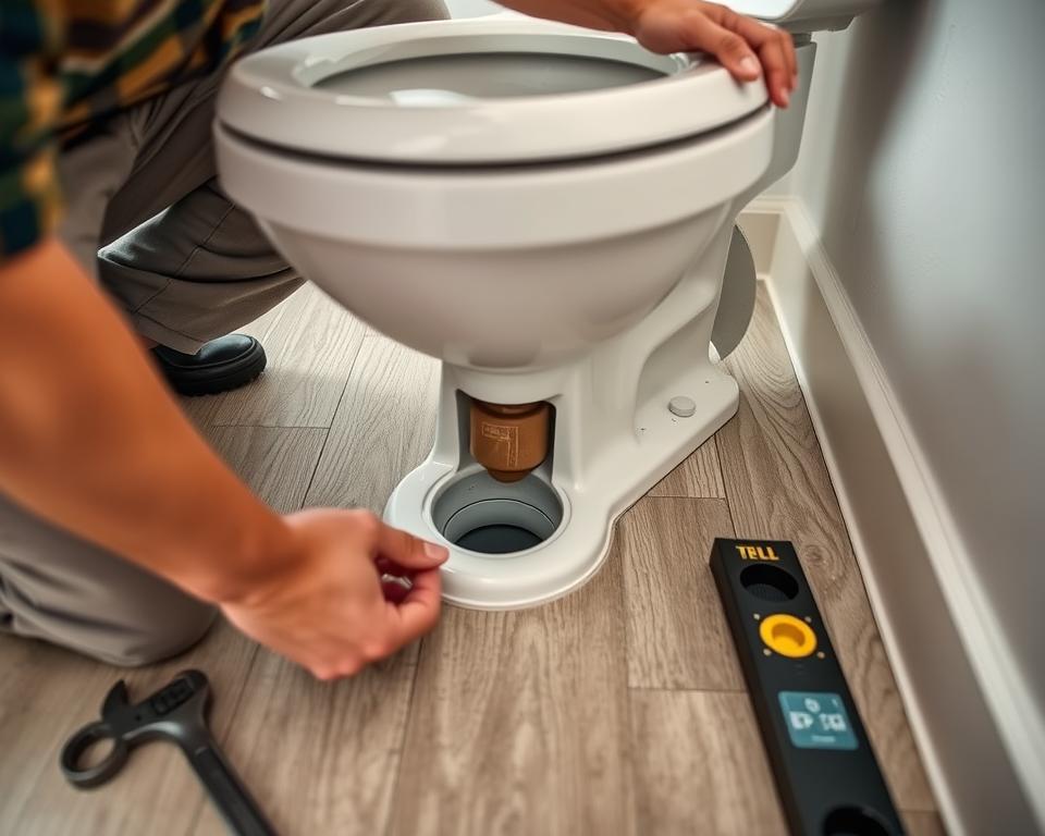 A detailed close-up view of a person wearing modest casual clothing, crouching beside a toilet to inspect a wax seal, with tools like a wrench and a level nearby. The foreground captures the hands delicately handling the seal while checking alignment. In the middle, the toilet installation can be seen with a focus on the joint connecting it to the floor, under soft, overhead lighting that highlights the texture of the floor and the porcelain. The background subtly features a tidy bathroom with neutral colors, giving a calming atmosphere. The angle is slightly above eye level to provide a comprehensive view of the action and ensure clear visibility of the inspection process, emphasizing technique and precision in installation methods.