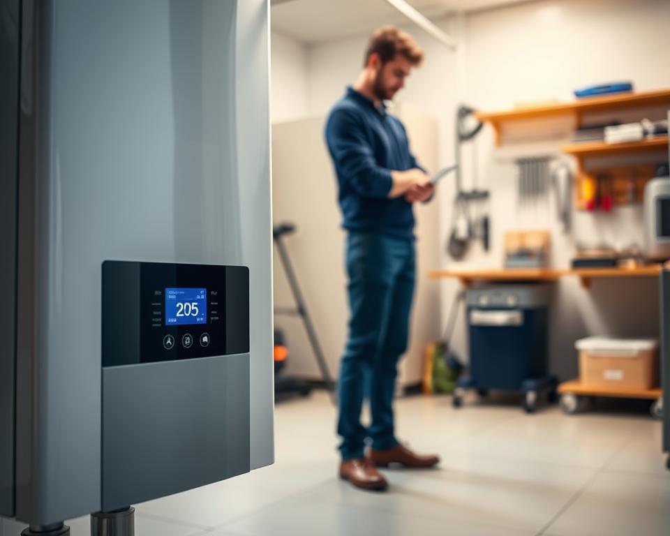 A detailed image showcasing the optimal temperature settings for an Ecofix 50L boiler. In the foreground, a sleek, modern Ecofix 50L boiler with a digital display showing temperature adjustments. In the middle, a technician in professional attire is inspecting the boiler, focused and attentive. The background features a well-lit utility room with clean lines and organized tools, emphasizing a professional setting. Soft, warm lighting creates a cozy atmosphere, highlighting the boiler’s features while also casting gentle shadows. The angle is slightly elevated, providing a comprehensive view of the boiler and technician, ensuring clarity and focus on the main subject. The overall mood is efficient and informative, ideal for illustrating technical details on boiler temperature regulation.