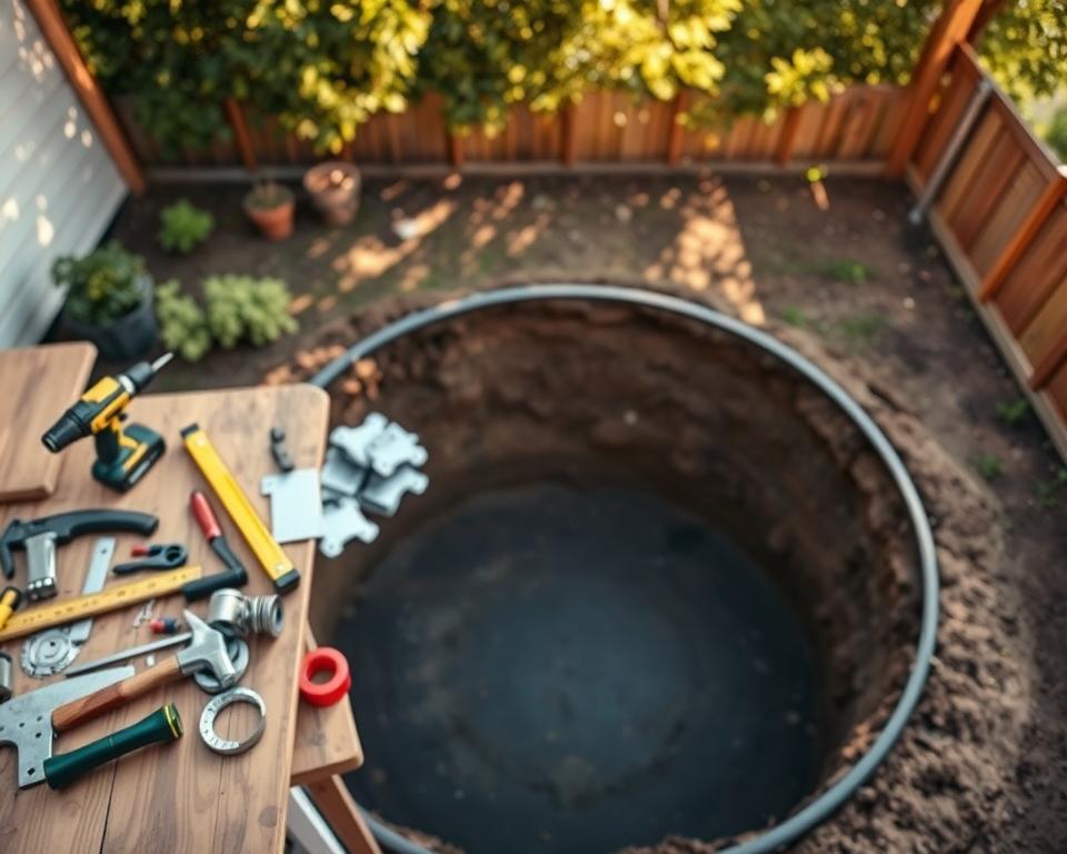 A detailed overhead view of a backyard setting showcasing essential tools and materials for building an in-ground trampoline. In the foreground, a well-organized wooden workbench displays tools such as a drill, saw, hammer, measuring tape, and level, surrounded by various materials like metal brackets, heavy-duty springs, and a large circular trampoline frame. The middle area features the partially dug-out ground, highlighting the depth for the trampoline, with dirt and grass piled nearby. In the background, gentle sunlight filters through green trees, creating a warm and inviting atmosphere. The focus is sharp on the tools and materials, with a slightly blurred background to enhance depth, evoking a sense of craftsmanship and outdoor activity.