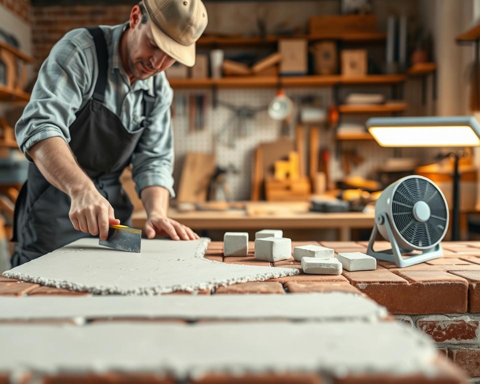A detailed, practical scene illustrating tips for accelerating the drying of fireclay mortar. In the foreground, a professional contractor is applying a thin layer of fireclay mortar on a brick surface, wearing modest work attire, using tools like a trowel and a level. The middle ground features a well-organized workspace with drying mortar pieces and drying methods such as a fan and a heat lamp, showcasing various drying techniques. In the background, there’s a softly lit workshop with shelves displaying tools and materials relevant to masonry work. The lighting is natural, with warm tones emphasizing the focus on craftsmanship, creating an atmosphere of professionalism and dedication to quality. The image should have a balanced composition, with a slight depth of field to highlight the foreground activities.