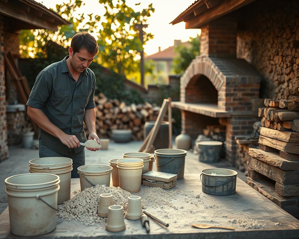 A detailed scene depicting the testing of refractory mortar readiness before firing. In the foreground, a professional-looking individual in modest casual clothing is examining a sample of the prepared mortar with focused attention. In the middle ground, there are tools and materials related to mortar preparation, including mixing buckets and spatulas, surrounded by a few scattered samples of different texture and color. The background features a traditional outdoor setting with a brick oven and firewood stacked neatly, partially obscured by greenery. The scene is illuminated by soft, natural lighting during the golden hour, casting warm tones that create an inviting and focused atmosphere, emphasizing the careful, methodical process of mortar testing. The angle is slightly elevated, allowing for a comprehensive view of the first steps of preparation.