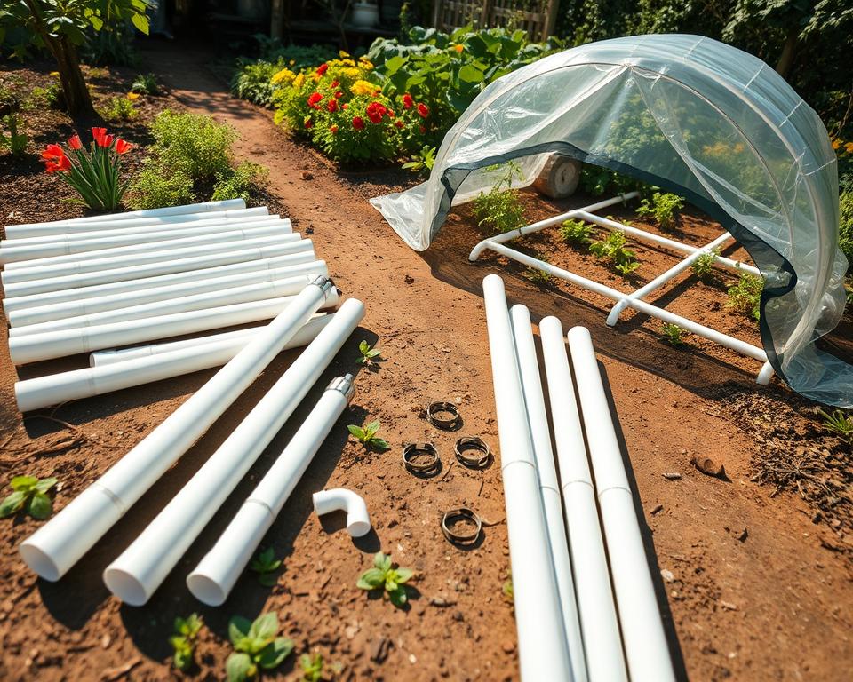 A detailed scene showcasing an assembly of PVC pipes and transparent plastic sheets for constructing a greenhouse tunnel. In the foreground, neatly arranged lengths of white PVC pipes lie on a well-trodden garden path, with a few connectors and clamps visible. The middle ground features a partially constructed tunnel frame, with the plastic sheet partially draped over the pipes, reflecting a soft sunlight. In the background, a lush garden filled with vegetables and flowers can be seen, creating a vibrant atmosphere. The lighting is warm and inviting, suggesting a sunny day. The angle is slightly overhead, providing a comprehensive view of the materials and the structure being created, highlighting the DIY aspect of the greenhouse project.