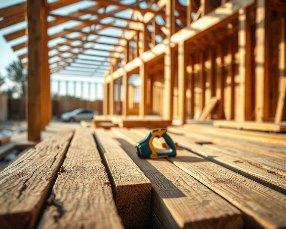 A detailed scene showcasing construction elements made from "tarcica deski," featuring various wooden beams and planks arranged in an organized manner. In the foreground, a close-up of textured wood grain and joins between planks, highlighting their quality and use in construction. The middle ground should depict a partially constructed wooden framework of a house, with tools like a measuring tape and saw resting nearby. In the background, a blurred view of a construction site under natural daylight, with soft shadows cast by the beams. The atmosphere is industrious yet harmonious, with a warm color palette. Focus on realism and clarity, capturing the essence of wood's practicality in building and renovation projects. Use a shallow depth of field and soft lighting to create depth. A detailed scene showcasing construction elements made from "tarcica deski," featuring various wooden beams and planks arranged in an organized manner. In the foreground, a close-up of textured wood grain and joins between planks, highlighting their quality and use in construction. The middle ground should depict a partially constructed wooden framework of a house, with tools like a measuring tape and saw resting nearby. In the background, a blurred view of a construction site under natural daylight, with soft shadows cast by the beams. The atmosphere is industrious yet harmonious, with a warm color palette. Focus on realism and clarity, capturing the essence of wood's practicality in building and renovation projects. Use a shallow depth of field and soft lighting to create depth.