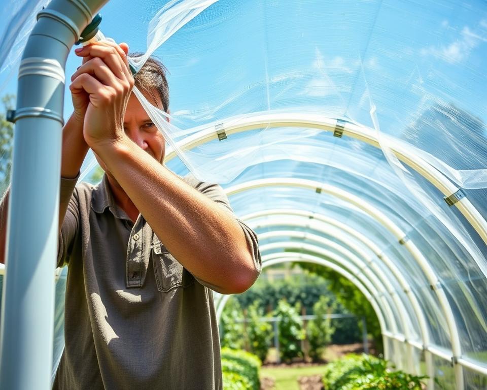 A detailed scene showcasing the process of attaching plastic film to a PVC tunnel. In the foreground, a person wearing modest casual clothing is carefully securing the translucent plastic film to the curved frame of the tunnel, using clips and tools designed for this purpose. The middle layer features the tunnel structure made of gleaming PVC pipes, elegantly arched, with a partially covered film revealing the sunlight filtering through. The background includes a lush garden, with green plants and a clear blue sky, enhancing the outdoor setting. The lighting is bright and natural, creating an atmosphere of a sunny day, evoking a sense of productivity and innovation in gardening techniques. The angle is slightly overhead, capturing both the person’s focused expression and the tunnel's construction process effectively.