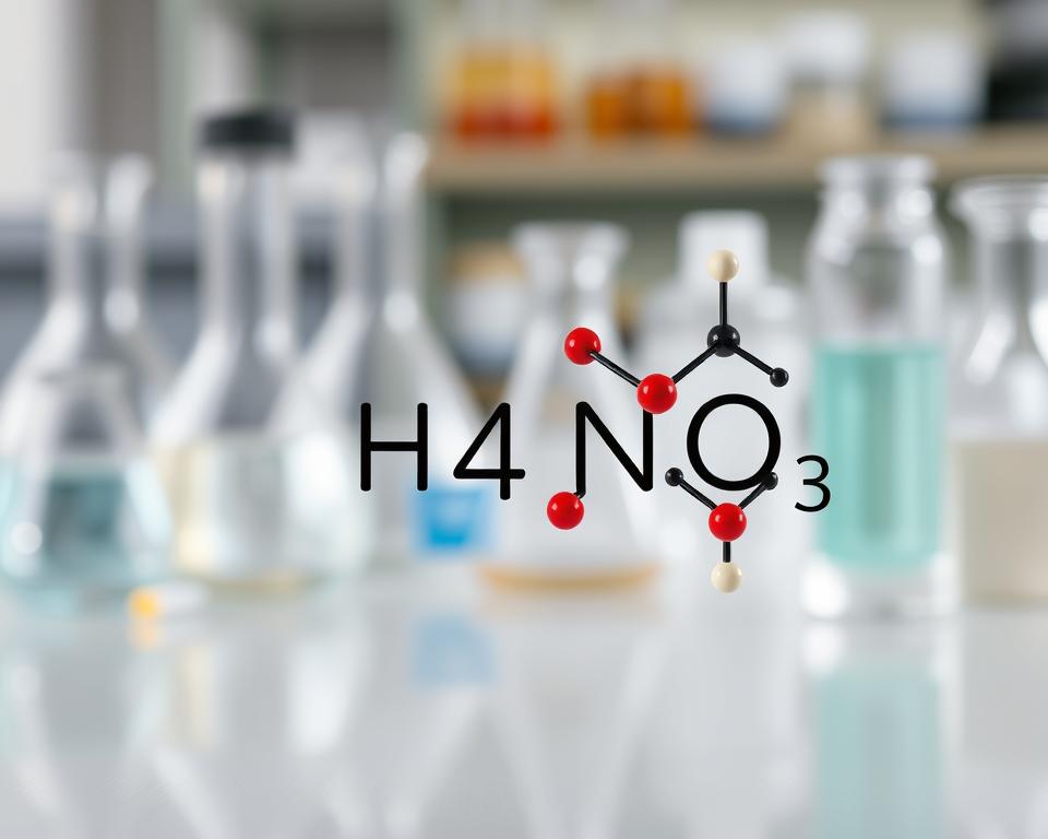 A detailed scientific illustration depicting the chemical composition of ammonium nitrate, featuring structural chemical formulas prominently in the foreground, such as NH4NO3. The middle ground should include molecular models showing the bonding structure between nitrogen, hydrogen, oxygen, and their respective atoms in vibrant colors to emphasize their identities. In the background, softly blurred laboratory equipment like beakers and test tubes can create a scholarly atmosphere. The lighting should be bright and focused, highlighting the molecular structures, with a slight depth of field to maintain clarity. The overall mood should be informative and professional, suitable for a scientific article. A detailed scientific illustration depicting the chemical composition of ammonium nitrate, featuring structural chemical formulas prominently in the foreground, such as NH4NO3. The middle ground should include molecular models showing the bonding structure between nitrogen, hydrogen, oxygen, and their respective atoms in vibrant colors to emphasize their identities. In the background, softly blurred laboratory equipment like beakers and test tubes can create a scholarly atmosphere. The lighting should be bright and focused, highlighting the molecular structures, with a slight depth of field to maintain clarity. The overall mood should be informative and professional, suitable for a scientific article.