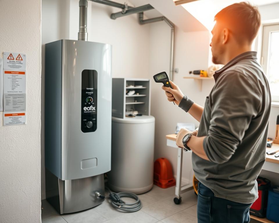 A detailed view of a modern Ecofix 50l boiler in a clean, well-lit basement environment, focusing on maintenance and safety during temperature regulation. In the foreground, a professional technician in modest casual clothing inspects the boiler, holding a digital thermometer and wearing safety gloves. The middle ground features the boiler, showcasing clear control panels and temperature gauges, while safety instructions are visible on nearby walls. In the background, neatly organized tools and safety gear are displayed on a workbench, and soft sunlight filters through a nearby window, creating a warm, inviting atmosphere. The image is taken from a slight low angle perspective, emphasizing the importance of proper maintenance and safety practices.