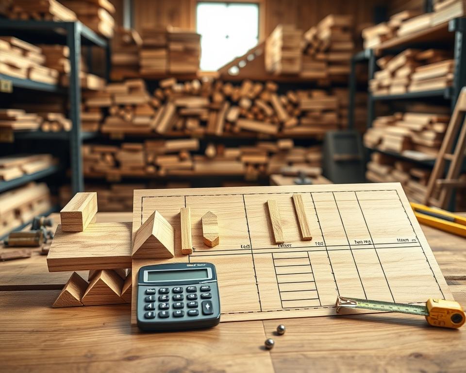 A detailed wooden volume calculation template displayed prominently in the foreground, featuring precise geometric shapes representing different types of wooden pieces—logs, beams, and planks—arranged methodically. In the middle ground, a digital calculator and measuring tools such as a tape measure and a square tool sit atop a rustic wooden workbench. The background showcases a well-lit workshop with shelves stacked with neatly organized lumber and tools, emphasizing craftsmanship and precision. Soft, natural lighting enhances the wood’s texture, casting gentle shadows that evoke a warm, inviting atmosphere. The overall mood is focused and professional, ideal for illustrating a tool designed for accurate material usage calculations in woodworking projects. A detailed wooden volume calculation template displayed prominently in the foreground, featuring precise geometric shapes representing different types of wooden pieces—logs, beams, and planks—arranged methodically. In the middle ground, a digital calculator and measuring tools such as a tape measure and a square tool sit atop a rustic wooden workbench. The background showcases a well-lit workshop with shelves stacked with neatly organized lumber and tools, emphasizing craftsmanship and precision. Soft, natural lighting enhances the wood’s texture, casting gentle shadows that evoke a warm, inviting atmosphere. The overall mood is focused and professional, ideal for illustrating a tool designed for accurate material usage calculations in woodworking projects.