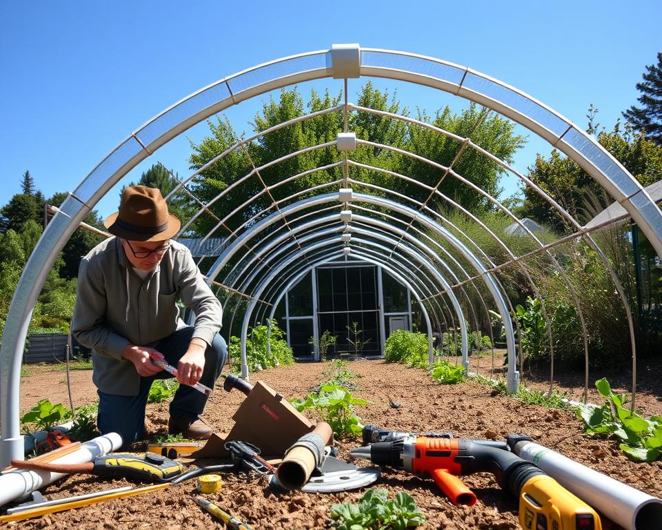 A dynamic scene depicting the assembly of a greenhouse tunnel frame using PVC pipes. In the foreground, a person in modest work attire is carefully measuring and cutting PVC pipes, surrounded by various tools like a saw, drill, and tape measure. In the middle ground, the skeletal structure of the tunnel is partially erected, showcasing the precise alignment of the pipes and connectors. The background features a lush garden setting under clear blue skies, with the sun casting soft shadows to create a warm atmosphere. The camera angle is slightly low, emphasizing the height of the tunnel structure, while ensuring the entire assembly process and tools are clearly visible. The overall mood is focused and productive, ideal for a DIY project illustration.