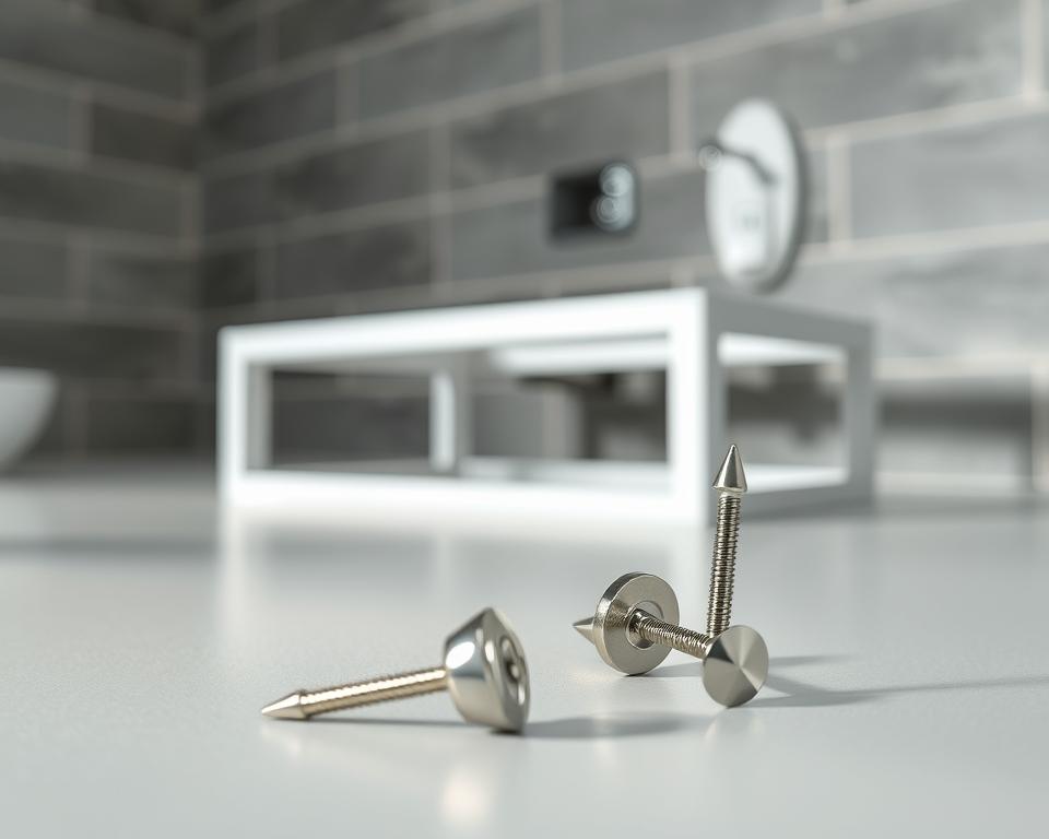 A focused close-up of installation pins for a wall-mounted frame, highlighting their metallic texture and precise engineering. In the foreground, a few shiny, silver pins lay on a flat surface, glistening under soft, diffused lighting that creates subtle shadows. The middle ground features a partially assembled under-counter mounting frame, illustrating where the pins would typically be placed, with clean lines and a minimalist design. In the background, a blurred image of tiled bathroom walls hints at their practical application in home installation. The atmosphere is professional and informative, conveying a sense of craftsmanship and precision in tools that support modern bathroom design. A focused close-up of installation pins for a wall-mounted frame, highlighting their metallic texture and precise engineering. In the foreground, a few shiny, silver pins lay on a flat surface, glistening under soft, diffused lighting that creates subtle shadows. The middle ground features a partially assembled under-counter mounting frame, illustrating where the pins would typically be placed, with clean lines and a minimalist design. In the background, a blurred image of tiled bathroom walls hints at their practical application in home installation. The atmosphere is professional and informative, conveying a sense of craftsmanship and precision in tools that support modern bathroom design.