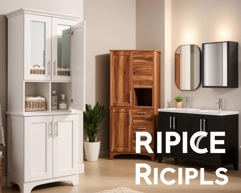 A modern bathroom showcasing a variety of stylish bathroom cabinets arranged for price comparison. Foreground: a sleek white bathroom cabinet with silver hardware, displaying organization options like baskets and towel storage. Middle: two additional cabinets in different styles, one with a rustic wood finish and the other in a matte black, side by side to illustrate their contrasts. Background: a softly lit bathroom environment with neutral-toned walls, a subtle reflection from a mirror, and a potted plant for an inviting touch. Lighting should be warm and ambient, enhancing the details and textures of the cabinets. The overall atmosphere is practical and contemporary, suitable for helping consumers make informed purchasing decisions.