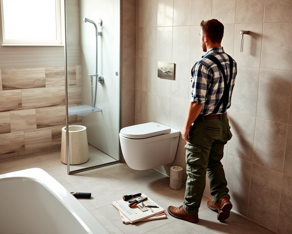A modern bathroom under renovation, showcasing the installation of a Geberit wall-mounted toilet system. In the foreground, a skilled plumber in a work shirt and pants carefully adjusts the Geberit frame, surrounded by tools and plumbing materials. The middle ground displays partially tiled walls and an assortment of tiles laid out for selection, emphasizing the connection between plumbing and stylish bathroom finishes. The background reveals a window allowing natural light to flood the space, highlighting the clean lines and contemporary design of the bathroom. Use a soft focus on the background to draw attention to the Geberit installation, creating a professional and inviting atmosphere. Aim for warm lighting to enhance the cozy feel of the ongoing renovation. A modern bathroom under renovation, showcasing the installation of a Geberit wall-mounted toilet system. In the foreground, a skilled plumber in a work shirt and pants carefully adjusts the Geberit frame, surrounded by tools and plumbing materials. The middle ground displays partially tiled walls and an assortment of tiles laid out for selection, emphasizing the connection between plumbing and stylish bathroom finishes. The background reveals a window allowing natural light to flood the space, highlighting the clean lines and contemporary design of the bathroom. Use a soft focus on the background to draw attention to the Geberit installation, creating a professional and inviting atmosphere. Aim for warm lighting to enhance the cozy feel of the ongoing renovation.