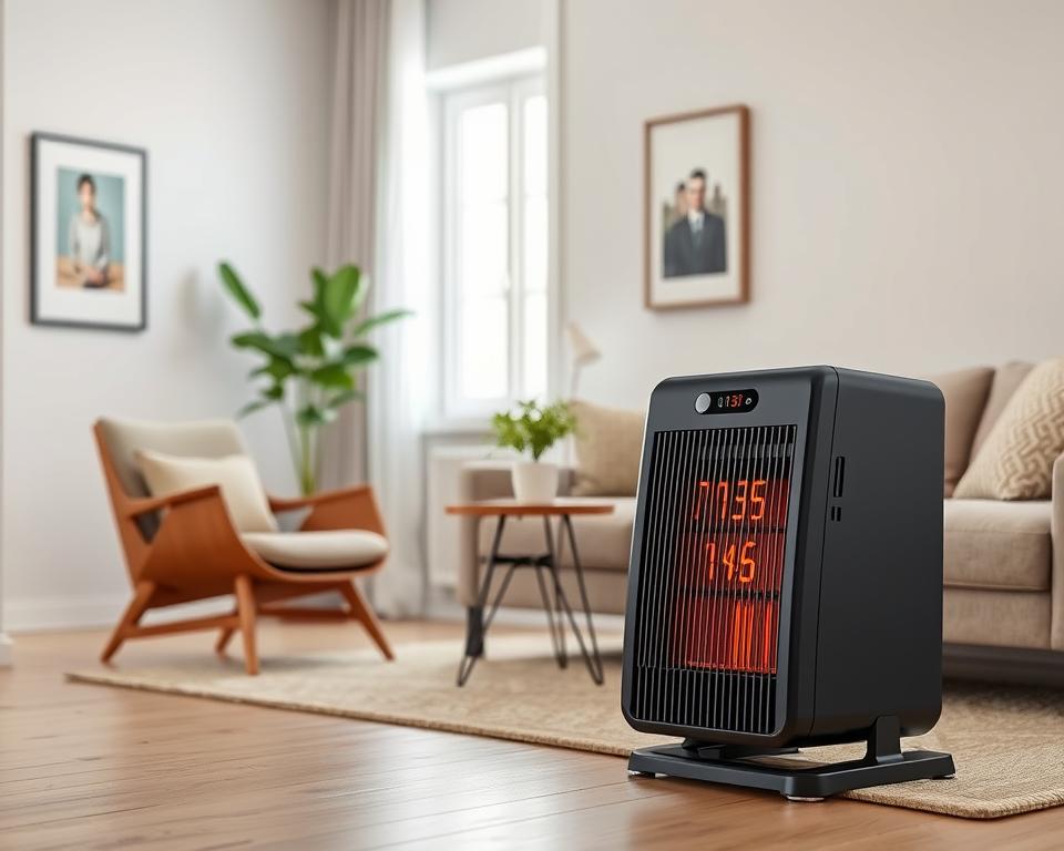 A modern electric heater designed for energy efficiency, prominently displayed in a cozy living room setting. The heater is sleek and stylish, with an emphasis on its digital display showing energy consumption metrics. In the foreground, a comfortable seating area with a stylish armchair and a small side table next to the heater, decorated with a green plant for a touch of warmth. In the middle ground, a large window letting in soft, natural light, enhancing the inviting atmosphere. The background features tasteful wall art and a subtle decorative rug, adding to the homey feel. The mood is calm and inviting, showcasing a perfect blend of comfort and energy efficiency in residential heating solutions. A modern electric heater designed for energy efficiency, prominently displayed in a cozy living room setting. The heater is sleek and stylish, with an emphasis on its digital display showing energy consumption metrics. In the foreground, a comfortable seating area with a stylish armchair and a small side table next to the heater, decorated with a green plant for a touch of warmth. In the middle ground, a large window letting in soft, natural light, enhancing the inviting atmosphere. The background features tasteful wall art and a subtle decorative rug, adding to the homey feel. The mood is calm and inviting, showcasing a perfect blend of comfort and energy efficiency in residential heating solutions.