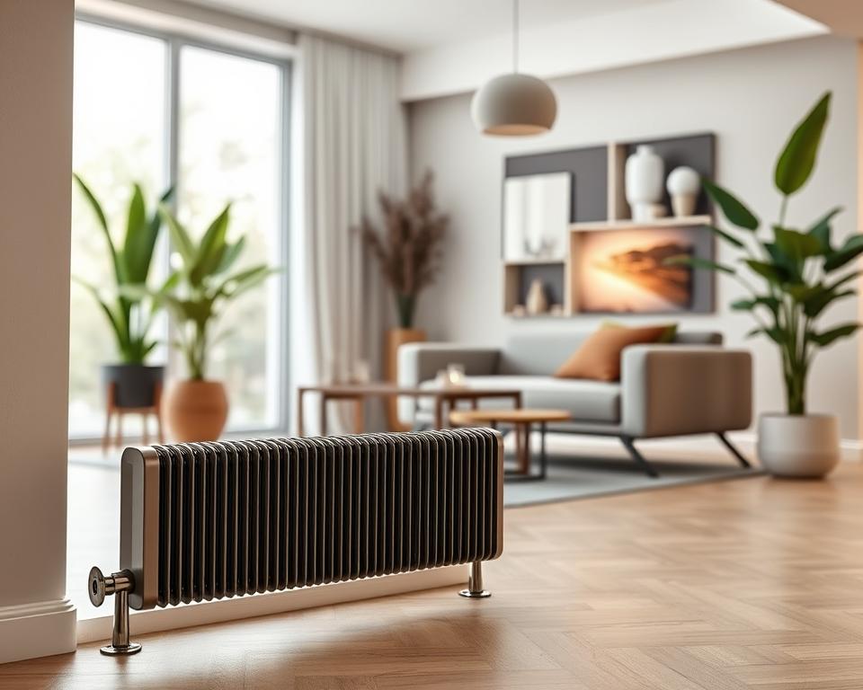 A modern electric radiator showcased in a stylish, contemporary room designed for a 25m2 space. The foreground features a sleek, slimline radiator with advanced technology displays, illuminated softly, highlighting its innovative features. In the middle ground, there are tasteful decorative elements like indoor plants and elegant furniture that reflect a cozy ambiance. The background displays a large window with natural light streaming in, creating a warm and inviting atmosphere. The angle is slightly downward, focusing on the radiator while capturing the overall elegance of the room's design. The lighting is bright yet soft, accentuating the modernity and functionality of the heater while ensuring the setting feels homey and comfortable. A modern electric radiator showcased in a stylish, contemporary room designed for a 25m2 space. The foreground features a sleek, slimline radiator with advanced technology displays, illuminated softly, highlighting its innovative features. In the middle ground, there are tasteful decorative elements like indoor plants and elegant furniture that reflect a cozy ambiance. The background displays a large window with natural light streaming in, creating a warm and inviting atmosphere. The angle is slightly downward, focusing on the radiator while capturing the overall elegance of the room's design. The lighting is bright yet soft, accentuating the modernity and functionality of the heater while ensuring the setting feels homey and comfortable.