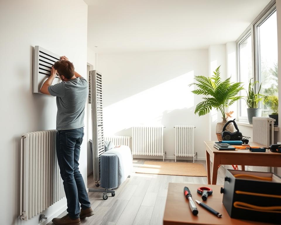 A modern interior scene showcasing the installation process of electric radiators in a bright and airy room measuring approximately 25 square meters. In the foreground, a skilled technician wearing smart casual clothing adjusts a sleek, energy-efficient electric radiator on a white wall. The middle ground features various types of radiators, emphasizing optimal placement for maximum heat distribution, with tools neatly arranged on a nearby workbench. The background reveals a large window allowing natural light to flood the space, highlighting the contemporary decor and a cozy, inviting atmosphere. Soft lighting enhances the overall ambiance, capturing a professional yet approachable mood, suitable for an informative article about effective radiator installation techniques. A modern interior scene showcasing the installation process of electric radiators in a bright and airy room measuring approximately 25 square meters. In the foreground, a skilled technician wearing smart casual clothing adjusts a sleek, energy-efficient electric radiator on a white wall. The middle ground features various types of radiators, emphasizing optimal placement for maximum heat distribution, with tools neatly arranged on a nearby workbench. The background reveals a large window allowing natural light to flood the space, highlighting the contemporary decor and a cozy, inviting atmosphere. Soft lighting enhances the overall ambiance, capturing a professional yet approachable mood, suitable for an informative article about effective radiator installation techniques.