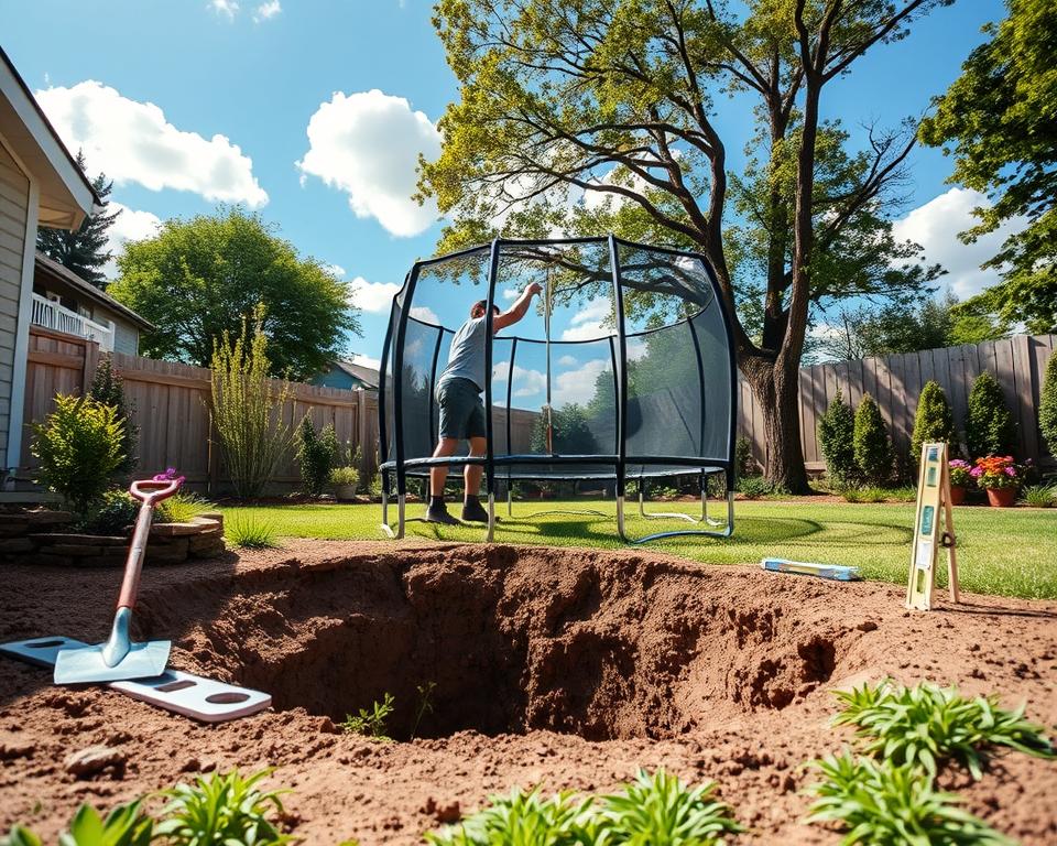 A peaceful backyard scene showcasing the installation of an in-ground trampoline. In the foreground, a partially excavated area is visible, with tools like a shovel and a level neatly arranged nearby. In the middle ground, the trampoline frame is being secured into the ground, with a person in modest casual clothing carefully aligning the components. Surrounding them are patches of grass and flowers, adding a touch of nature. The background features a bright blue sky with fluffy clouds and trees offering a touch of shade, creating a serene atmosphere. The lighting is warm and inviting, suggesting a late afternoon setting, captured with a slight upward angle to emphasize the trampoline's placement in the ground. Overall, the image radiates a sense of accomplishment and relaxation.