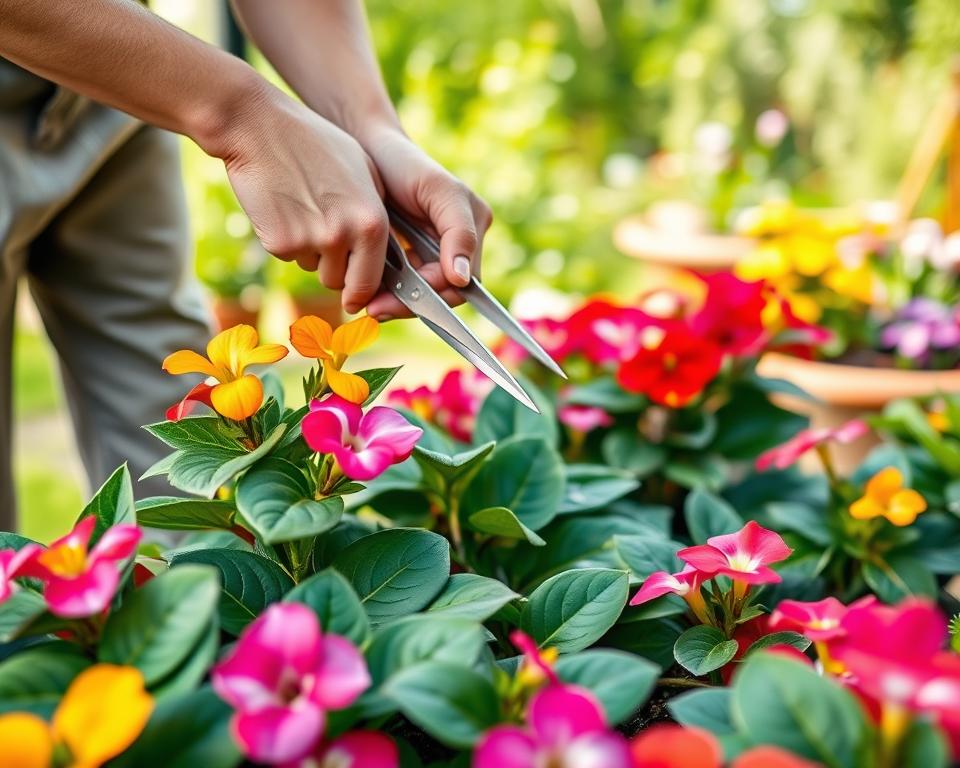 A person in professional gardening attire carefully prunes vibrant, colorful impatiens in a lush garden setting. The foreground features close-up details of the impatiens, showcasing their bright petals and healthy green leaves being snipped with precision scissors. In the middle ground, a well-maintained garden bed with a variety of flowers and plants creates an inviting atmosphere. The background reveals soft-focus greenery, enhancing the tranquility of the scene. Soft, natural sunlight filters through the leaves, casting gentle shadows and highlighting the vibrant colors. The mood is calm and focused, reflecting the care and attention needed for optimal growth. The angle captures the gardener in action, emphasizing the importance of nurturing these plants for a thriving garden.