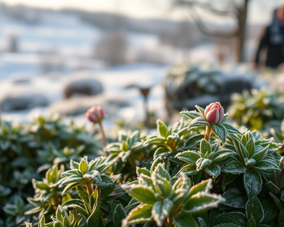 A picturesque winter scene depicting the ochrana kielichowca wonnego (Fragrant Cup Plant) in a Polish garden, showcasing its resilience against the frost. In the foreground, focus on the vibrant, evergreen foliage of the plant, with frost delicately coating the leaves, creating a sparkling effect. The middle-ground features a few blooming flowers, hinting at the plant's unique beauty even in cold weather. The background reveals a softly blurred snow-covered landscape with gentle hills and distant trees, emphasizing the chilly atmosphere. The scene is illuminated by soft, diffused daylight, casting a serene glow, while the angle captures a slightly elevated view to highlight the plant's structure. The overall mood is tranquil and inviting, embodying the spirit of nature's perseverance in harsh climates.