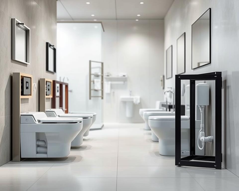 A professional and informative representation of various types of wall-mounted toilet frame systems, known as "rodzaje stelaży podtynkowych." In the foreground, showcase a selection of modern concealed toilet frames, emphasizing their structure and features with sharp focus. The middle ground should include a detailed view of the installation process, displaying plumbing connections and mounting options. In the background, a glimpse of a well-lit bathroom setting conveys a clean and functional atmosphere. Utilize soft, diffused lighting to highlight the materials and textures, ensuring a bright and inviting mood. The image should maintain a professional look, without any text or branding, ideal for illustrating a technical guide on choosing toilet frame systems. A professional and informative representation of various types of wall-mounted toilet frame systems, known as "rodzaje stelaży podtynkowych." In the foreground, showcase a selection of modern concealed toilet frames, emphasizing their structure and features with sharp focus. The middle ground should include a detailed view of the installation process, displaying plumbing connections and mounting options. In the background, a glimpse of a well-lit bathroom setting conveys a clean and functional atmosphere. Utilize soft, diffused lighting to highlight the materials and textures, ensuring a bright and inviting mood. The image should maintain a professional look, without any text or branding, ideal for illustrating a technical guide on choosing toilet frame systems.
