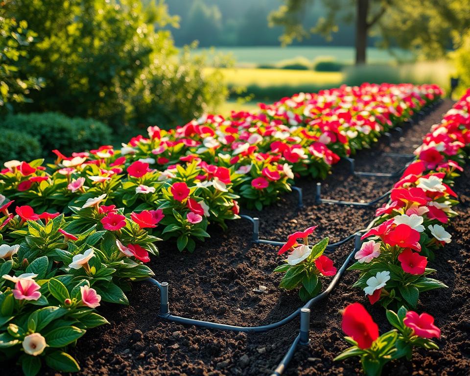 A rich, vibrant garden showcasing the ideal soil and irrigation setup for busy impatiens plants. In the foreground, meticulously arranged flower beds filled with colorful impatiens, displaying lush green foliage and bright, blooming flowers in shades of pink, red, and white. The middle ground features well-tilled, dark soil enriched with organic matter, and a simple yet effective drip irrigation system, showcasing small pipes gently watering the plants. In the background, a softly blurred landscape of greenery and scattered sunlight filtering through trees creates a serene atmosphere. The lighting is warm and inviting, simulating late afternoon sun, with soft shadows enhancing the details of the soil and plants. The overall mood is tranquil and inviting, perfect for gardening enthusiasts.