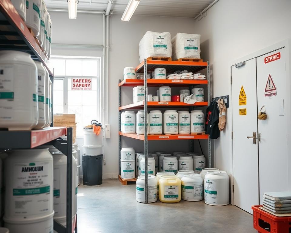 A safe and efficient storage environment for ammonium nitrate fertilizer, showcasing a well-organized storage room. In the foreground, a sturdy shelving unit filled with neatly labeled containers of ammonium nitrate, emphasizing safety measures. The middle ground features a clean, well-lit space with safety signs and personal protective equipment, like gloves and goggles, displayed prominently, indicating care in handling. In the background, a window allows natural light to pour in, enhancing the atmosphere of cleanliness and order. The lighting is bright, suggesting a safe working environment. Capture the image from a slightly elevated angle to provide a comprehensive view, highlighting both the meticulous organization and attention to safety required for storing agricultural materials. A safe and efficient storage environment for ammonium nitrate fertilizer, showcasing a well-organized storage room. In the foreground, a sturdy shelving unit filled with neatly labeled containers of ammonium nitrate, emphasizing safety measures. The middle ground features a clean, well-lit space with safety signs and personal protective equipment, like gloves and goggles, displayed prominently, indicating care in handling. In the background, a window allows natural light to pour in, enhancing the atmosphere of cleanliness and order. The lighting is bright, suggesting a safe working environment. Capture the image from a slightly elevated angle to provide a comprehensive view, highlighting both the meticulous organization and attention to safety required for storing agricultural materials.