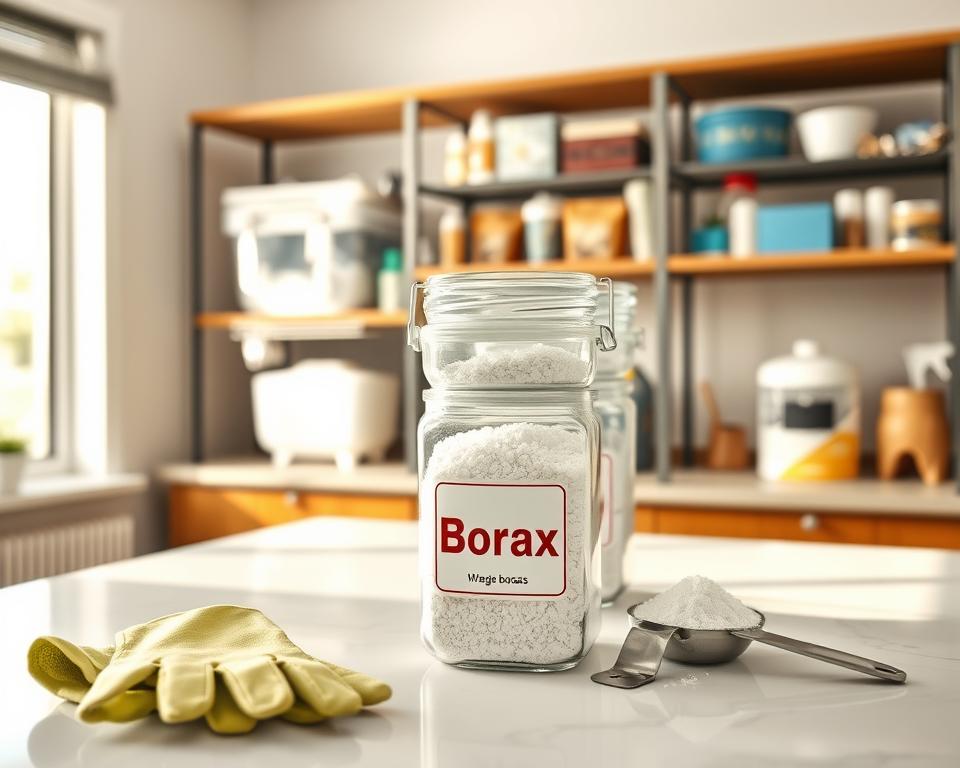 A secure and organized workspace for storing borax, depicting a clean countertop with a well-labeled container filled with borax crystals. In the foreground, include a pair of safety gloves and a small, measuring scoop to represent safety precautions. The middle ground shows a stack of clear, airtight containers with the label "Borax" prominently displayed. In the background, there are shelves lined with other household items organized neatly, evoking a sense of order and safety. Soft, natural lighting filters in from a window, casting gentle shadows and enhancing the cleanliness of the scene. The atmosphere is professional yet inviting, emphasizing the importance of safety and proper usage when handling borax.