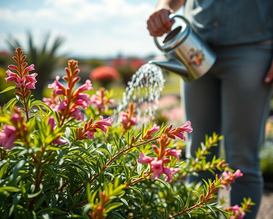 A serene garden scene focused on a tamarisk plant (Tamarix) in vibrant bloom, emphasizing healthy growth after flowering. In the foreground, lush green leaves of the tamarisk capture dew, with delicate pink flowers swaying gently. The middle ground features a gardener wearing modest casual clothing, attentively watering the plant with a decorative watering can, highlighting the importance of proper irrigation. The background showcases a soft-focus garden landscape with a clear blue sky and distant flowering shrubs, enhancing the tranquil atmosphere. The scene is illuminated by soft, natural sunlight, casting gentle shadows that suggest a peaceful afternoon. Capture the vibrant colors and detailed textures, conveying a mood of nurturing and care for the plant’s health.