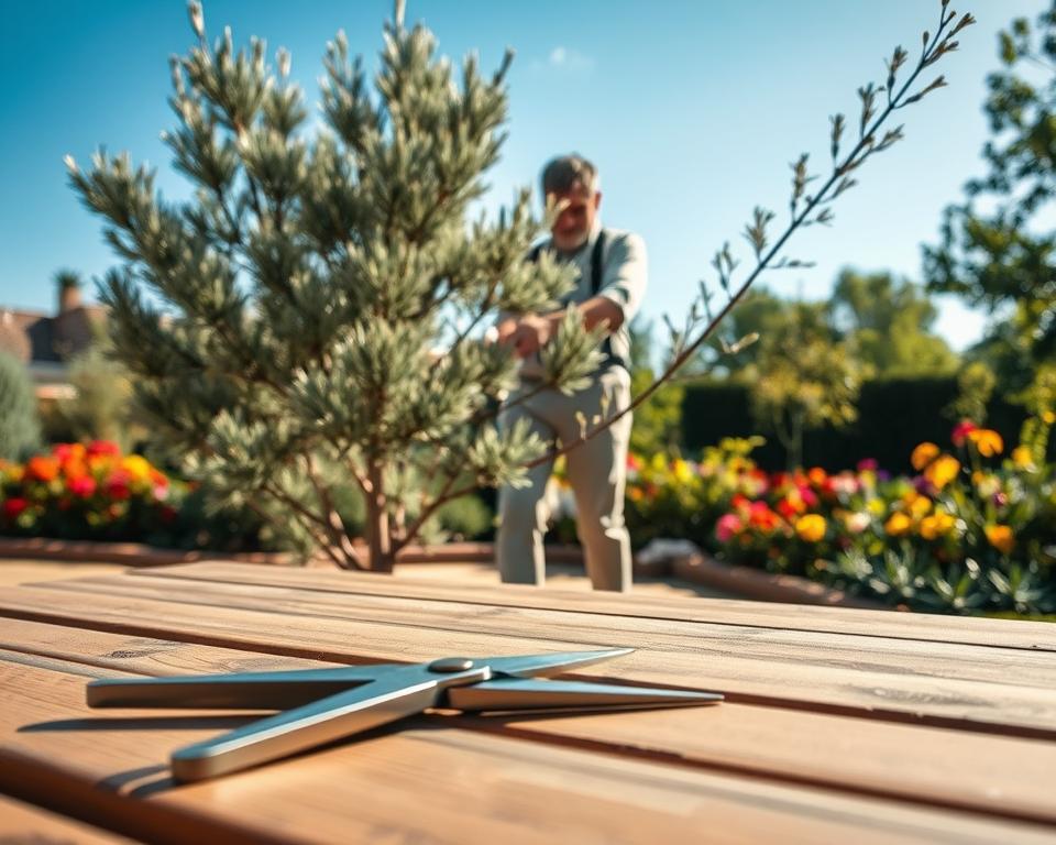 A serene garden scene focusing on the precise techniques for pruning tamarisk trees. In the foreground, a pair of garden shears is resting on a wooden garden table, glistening under soft afternoon sunlight. The middle ground features a well-maintained tamarisk tree, exhibiting its feathery foliage, with a gardener in modest casual attire carefully trimming its branches with a focused expression. The background includes a blooming flower bed with vibrant colors and a clear blue sky, enhancing the peaceful atmosphere. The lighting is warm and inviting, with shadows subtly playing across the scene. The angle captures both the gardener's meticulous work and the beauty of the tamarisk, emphasizing the art of pruning and its importance in plant care.