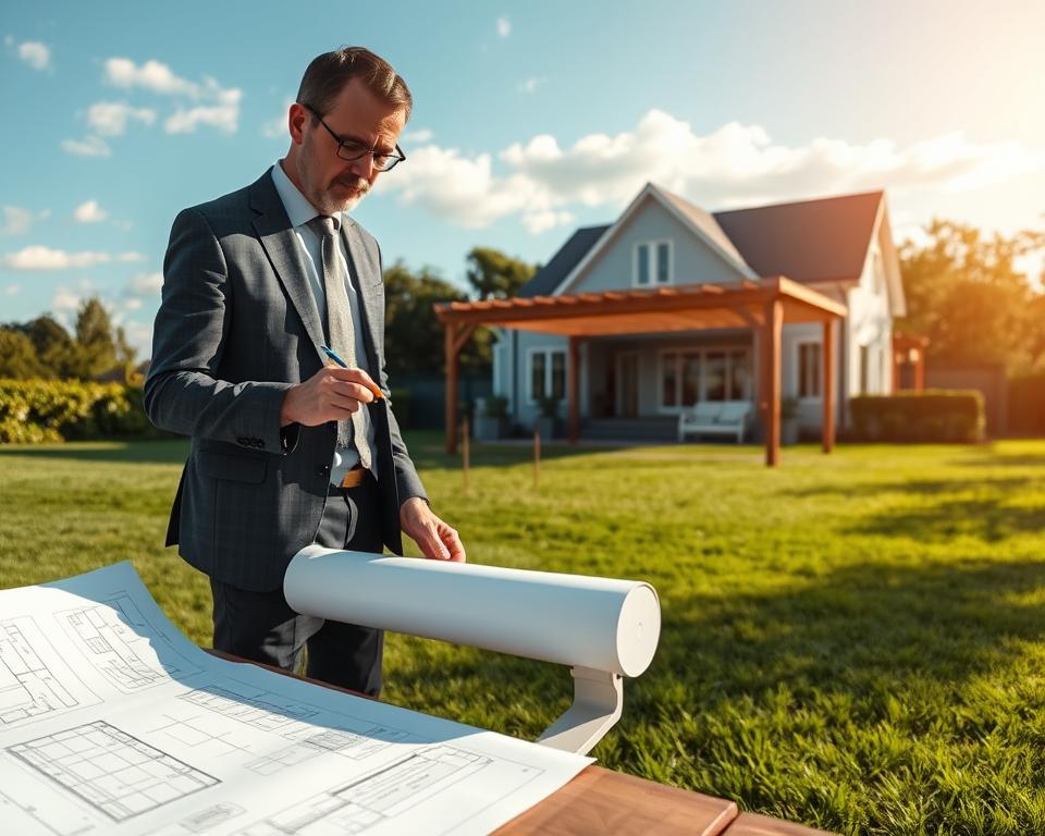 A serene landscape featuring a spacious residential lot where a skilled architect is planning the positioning of a wooden carport. In the foreground, a detailed blueprint lies on a table, showcasing dimensions and design features. The architect, a middle-aged professional in smart business attire, is intently analyzing the plans with a pencil in hand. In the middle ground, the partially cleared area shows staked outlines on the grass where the carport will stand, framed by lush greenery. The background presents a modern home, blending harmoniously with the surrounding nature, under a bright blue sky with soft clouds. The scene is illuminated by warm, natural sunlight, creating an inviting and focused atmosphere.
