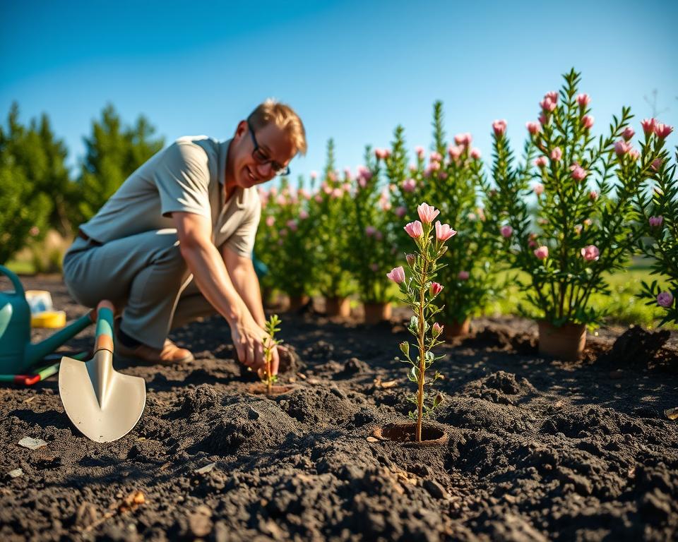 A serene outdoor scene depicting the planting of a tamaryszek (tamarisk) shrub. In the foreground, a gardener in modest casual attire kneels down, carefully planting a young tamaryszek sapling in rich, dark soil, surrounded by gardening tools like a spade and watering can. The middle ground features a row of blooming tamaryszek, their delicate pink flowers just beginning to fade, framed by vibrant green foliage. In the background, a clear blue sky enhances the cheerful atmosphere while sunlight casts gentle shadows on the ground, creating a warm and inviting ambiance. The overall mood is one of peaceful gardening activity, emphasizing care and attention to nurturing new life.