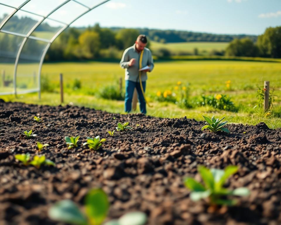 A serene outdoor scene depicting the selection of a location for a plastic tunnel greenhouse. In the foreground, a well-prepared garden area with rich, dark soil, marked for planting. In the middle ground, a couple of individuals dressed in modest casual clothing are discussing the placement of the tunnel, using a measuring tape and sketching plans on a notepad. The background features an open field bordered by lush greenery and a clear blue sky, with soft sunlight illuminating the scene, creating a warm and inviting atmosphere. The perspective is slightly elevated, showcasing the landscape and allowing for a comprehensive view of the selected area’s sunlight exposure and wind protection. Emphasize clarity and realism, with vibrant greens and earth tones.