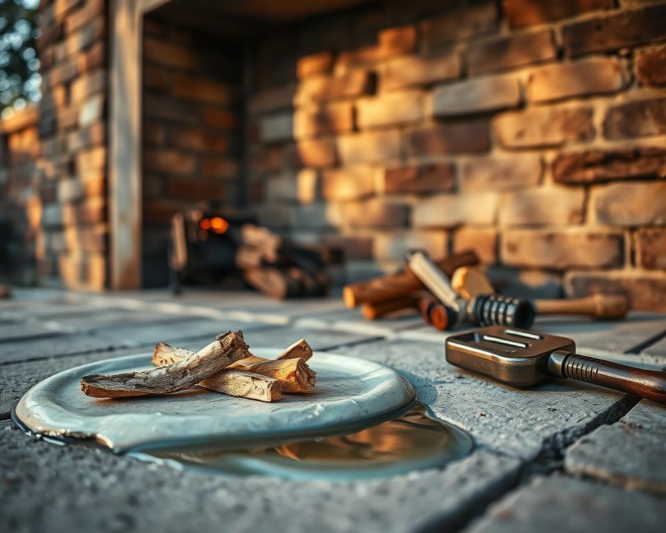 A serene outdoor setting focusing on a fireplace with freshly applied ceramic mortar, highlighting common mistakes during the ignition process. In the foreground, a close-up view depicts improperly placed kindling and excessive lighter fluid pooling near the mortar. The middle ground features a fire starter tool, slightly charred, sitting nearby, suggesting an overlooked safety measure. In the background, a beautifully textured wall made of bricks showcases the context. The lighting is warm and natural, capturing the golden hour, with soft shadows adding depth to the image. The overall atmosphere conveys a mix of caution and expertise, inviting viewers to reflect on the importance of proper techniques in ignition. No human subjects are present.
